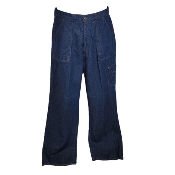 VINTAGE 70s jeans high rise wide leg cargo long length made‎ in Japan L - Picture 1 of 12